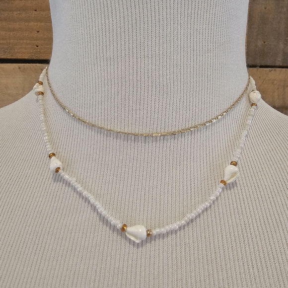 Jewelry - Layered Goldtone Chain, White Shell & Seed Bead Necklace